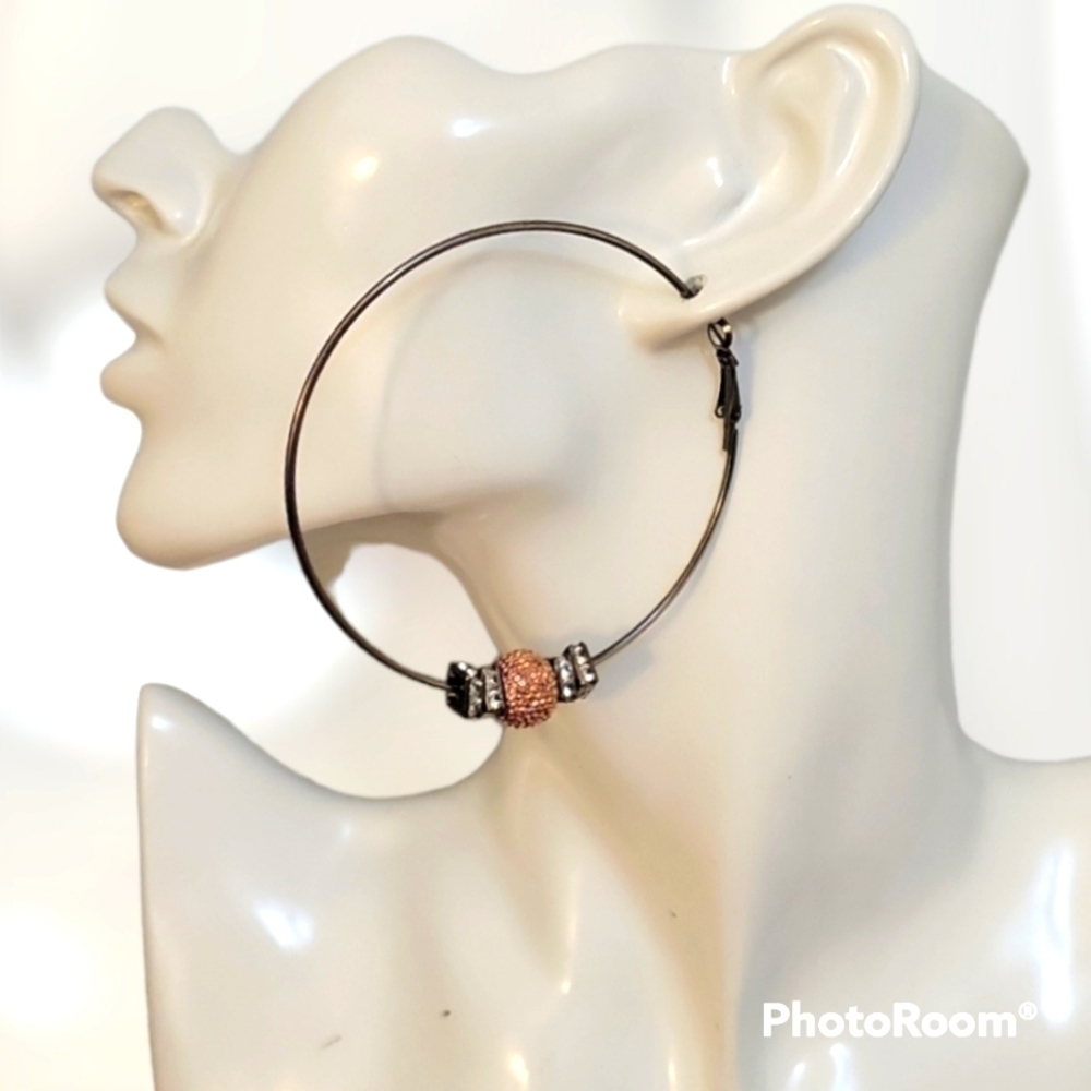 VTG Jumbo Gunmetal Disco Beaded Huggie Hoop Earrings